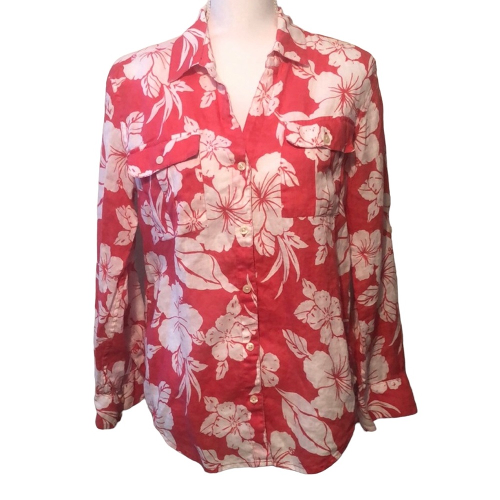 Tommy Bahama Pink And White Floral Long Sleeved Linen Button Front Shirt